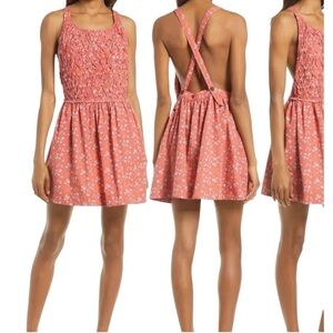 Free People Dress Petunia Floral Mini Apron Style Smocked Poppy Combo Red Medium